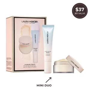 Laura Mercier Flawless Treats Mini Prime + Set Duo - Limited Edition Holiday Kit- Mini Size, Hydrating Primer, Translucent Loose Setting Powder, Sheer, Soft Blur Powder