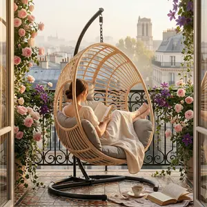 42 Extra Wide U-Base Hanging Egg Chair, 400lb Capacity Patio Swing with 8-Inch Cushion, Weatherproof PE Rattan & Waterproof Cover for Outdoor Garden, Balcony Use