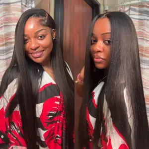 Nadula Yaki Straight Wig With Drawstring 7x5 Closure Pre-Cut Lace Black Bleached Knots 100% Human Hair Glueless Adjustable Wig Natural Density Secure Fit Cap Easy to Install TikTokShopSpringGlowUp Greenish