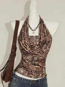 ADD2FIT x ICON 2pcs Women Boho Brown Draped Country Concert Zebra And Leopard Print Bandeau Top And Strapless Camisole Set