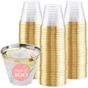 100-Pack 9oz Gold Rimmed Plastic Cups Disposable Wine Glasses for Charcuterie, Weddings, Parties, and Events - Elegant Cocktail and Drinking Cups for Champagne, Martini, and Mocktails