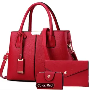 Red Leather Handbag Set with Matching Wallet and Card Case for Women