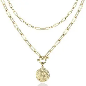 Trendy Multi Layered Pendant Necklace with Bar Circle Horizontal Bar Design for Women Girls Fashion Jewelry Gifts