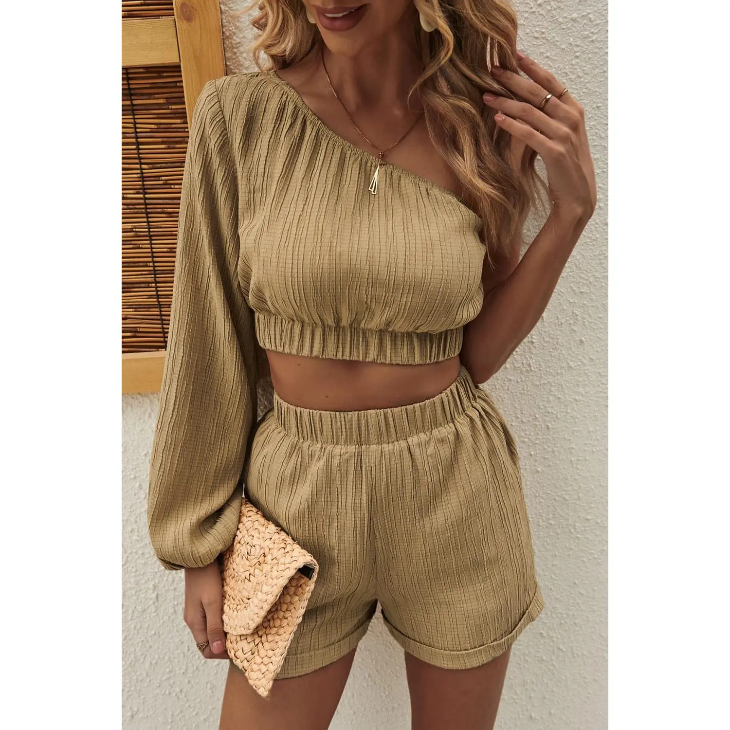 Khaki Crop Top and Shorts Ensemble