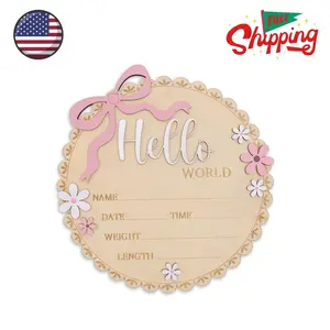 Hello World Wooden Baby Birth Announcement Sign, Pink