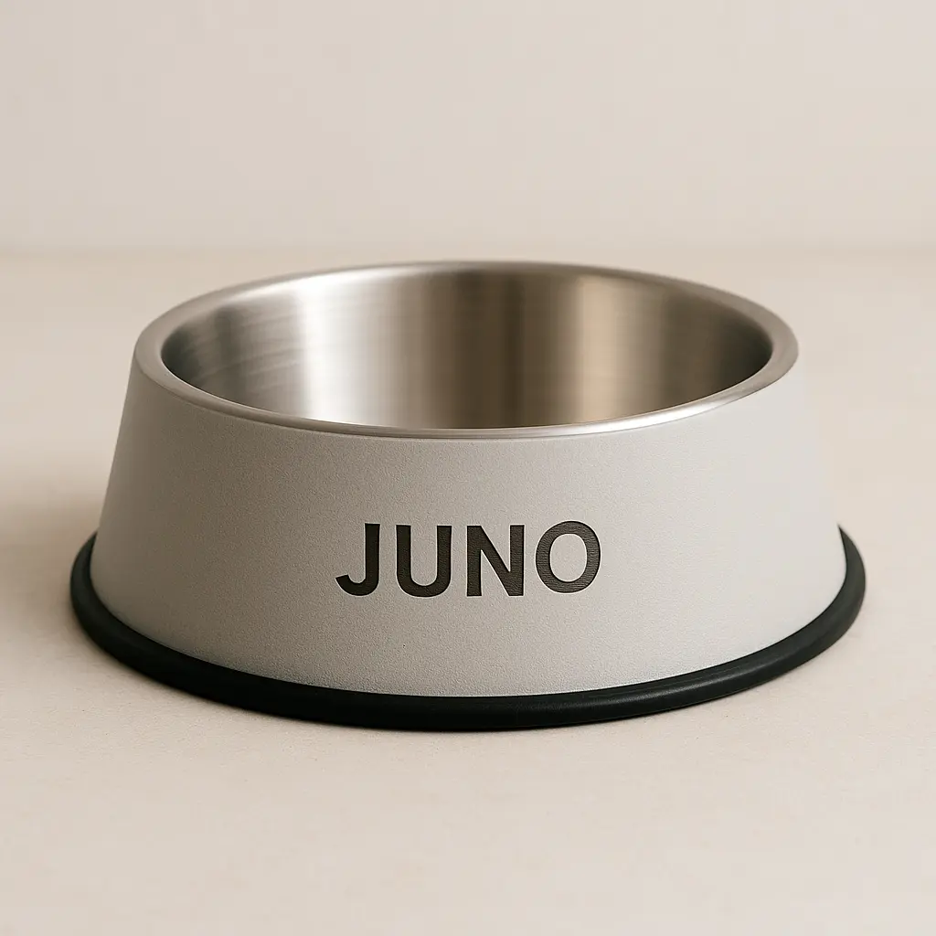 Joel & Juno Personalized Pet Bowl Custom Engraved Stainless Steel Dishwasher Safe Non-Slip Rubber Base for Dogs Cats JUNO Design