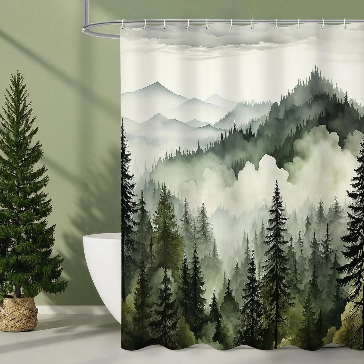 Litabel Dark Green Misty Pine Forest Shower Curtain, Mountain Foggy Woodland Scenery Tree Shower Curtains for Chic Rustic Bathroom, Abstract Modern Waterproof Nature-Themed Decor, 72x72 Inches