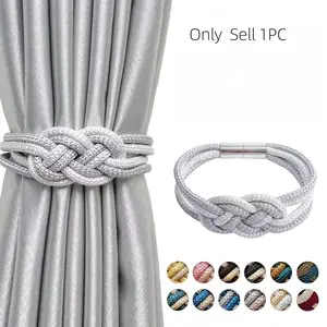 1pc Chinese Knot Curtain Tieback, Magnetic Hook No Drilling Installation, Simple Bullhide Curtain Magnet Hook Hemp Rope Hook