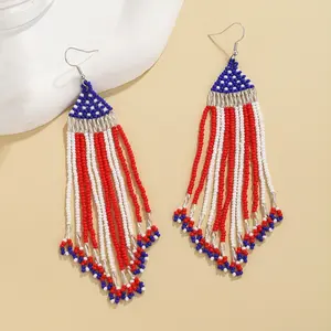 1Pair Bohemian Style Handmade Beads Seed Bead Flag Design Tassel Dangle Earrings| Stainless Steel Posts, Suitable for Daily and Vacation Occasions