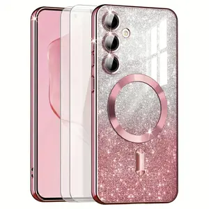 3PCS (1 Phone Case + 2 Tempered Glass Screen Protectors) - Designed for Samsung Galaxy A55, A35, A15, A56, A36, A16 5G, Featuring a Clear Magnetic Glitter Gradient with a Luxurious Plated Soft Bumper And a Complete Camera Lens Protector