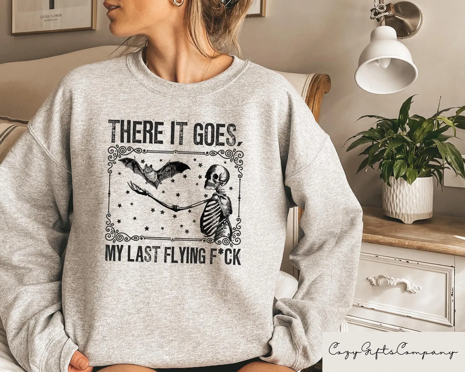 There It Goes My Last Flying F*ck Sweatshirt, Funny Skeleton Halloween Sweatshirt, Sarcastic Spooky Season Crewneck