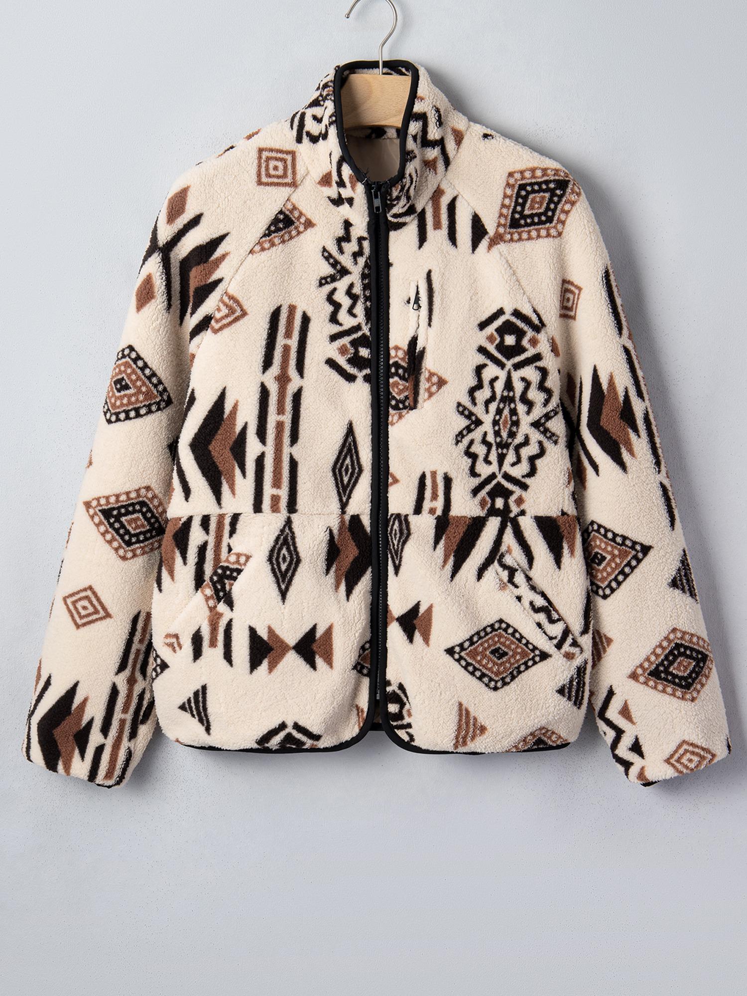 Women’s Aztec Geometric Print Soft Comfortable Fleece Fabric Long-Sleeve Full-Zip Collared Jacket with Binding Trim, Relaxed Fit Casual Tops Outerwear for Fall, Winter