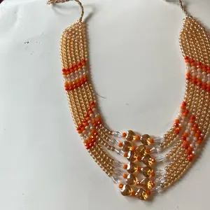 Beaded Necklace with Orange Beads and Gold Accents, Brown Beads, Beaded Design, Elegant Style