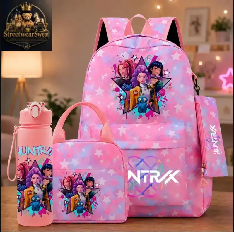 4Pcs Kpop Demon Hunters Pink Star Anime Idol Backpack Set Lunch Tote Pencil Case Bottle