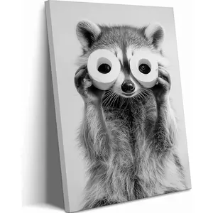 Adorable Raccoon Bathroom Poster Canvas Wall Art Toilet Paper Raccoon Wall Decor Pictures Funny Black and White Bathroom Animal Posters Prints for Bathroom Home Decoration
