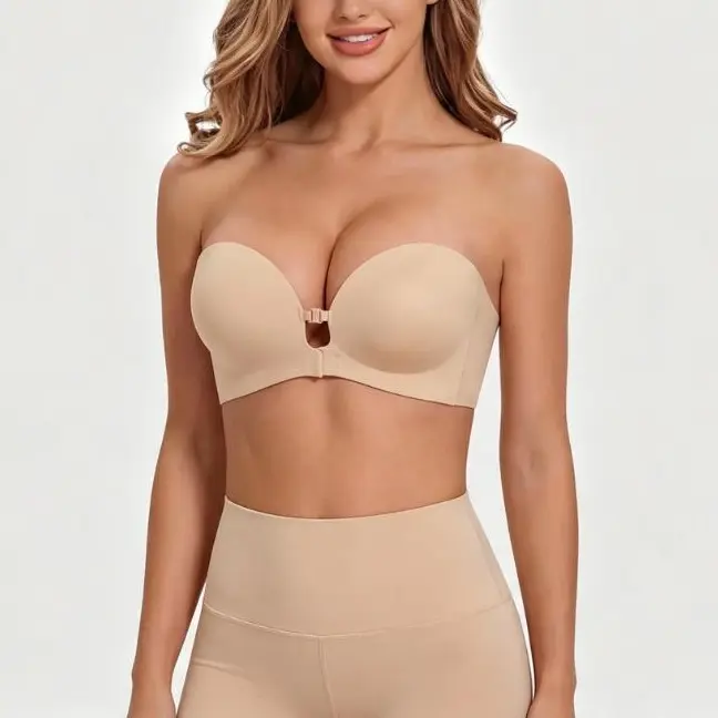 Womens Strapless Bra Front Closure Push Up Lift Padded Bra Non Slip Wireless Seamless Supportive Comfortable Jelly Bra Adjustable Detachable