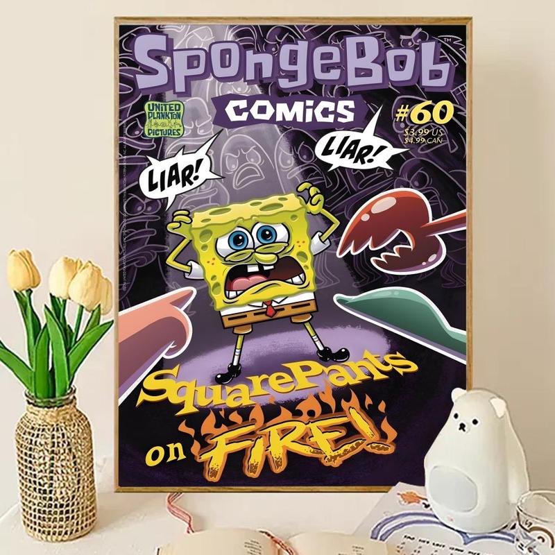 Animated Cartoon S-Sponge-Bob Poster Sticky Wall Art Printing Waterproof Modern Aesthetic Home Living Bedroom Decor Trendy Room Decoration Gift Durable High Quality