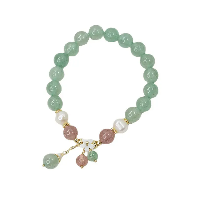 Girls' Pastel Cute Korean Dangle Charm Bracelet - Green Aventurine, Freshwater Pearl, Strawberry Quartz Costume Jewelry for Shopping, Hangout