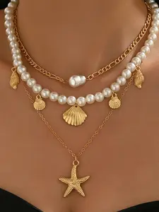 Women's Fashion Beach Shell Necklace Set, Pearl Chain Layered Ocean Star Clavicle Pendant Necklaces, 3-Piece Jewelry Collection, Fashion Jewelry Party