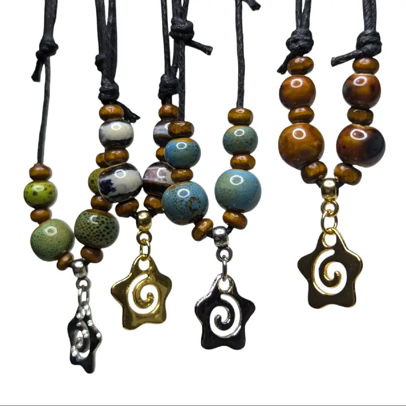 Star Spiral Swirl Charm Ceramic Beaded Pendant Wooden Boho Hippie Whimsical Adjustable Silver Rope Cord Choker Stacking Necklace Jewelry