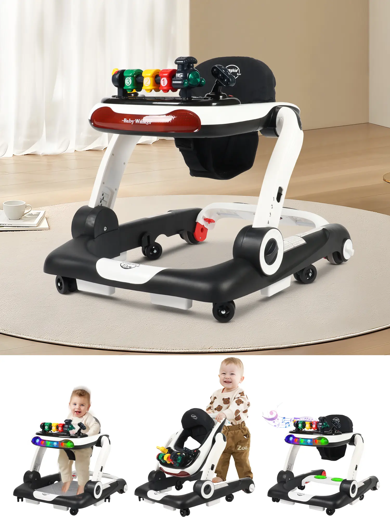 Music and Lights Baby Walker with Wheels, 6 in 1 Baby Activity Center w/Ergonomic backrest Design, Baby Walkers for Boys w/Foot Pads, Music Bouncer Walkers for Boys Girls Babies 6-18 Months, Black