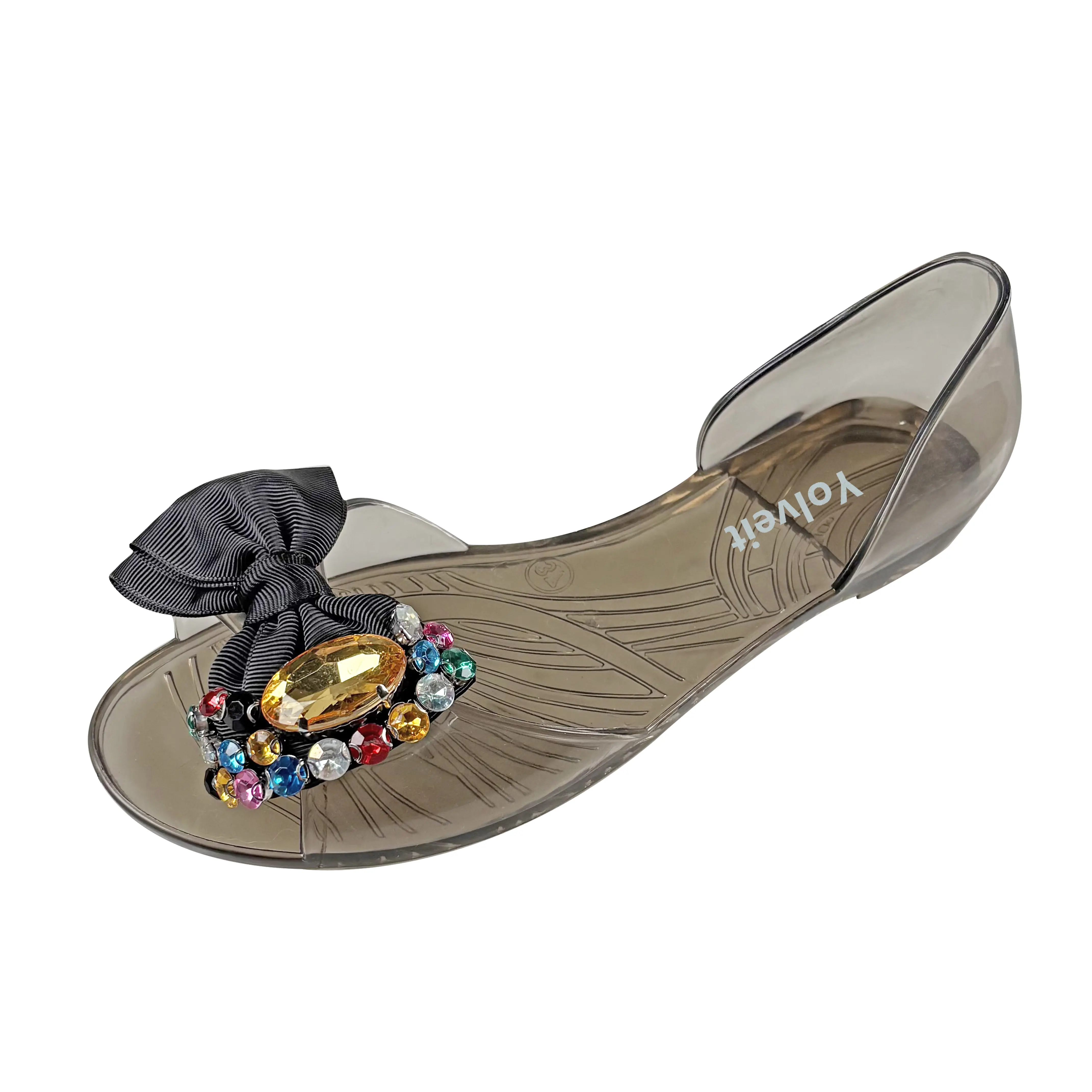 Yolveit Women's Round Toe Crystal Jelly Sandals - Buckle Fastening, Bow, Rhinestones, Heart Motif, Transparent PVC, Flat Non-Slip Sole, Chic Casual Summer Beach Footwear