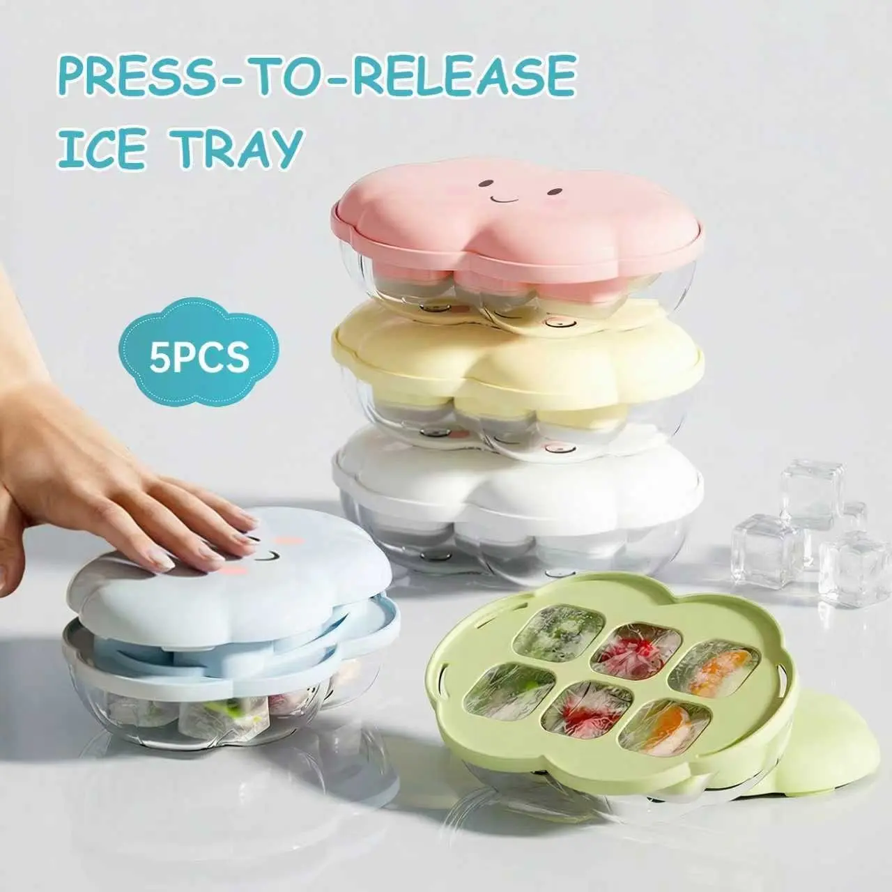 5-Piece Silicone Flexible Ice Cube Tray with Lid, Cloud-Shaped Six-Compartment Mold, Leak-Proof Kitchen Tool for Juice, Coffee, Wine, Fruit
