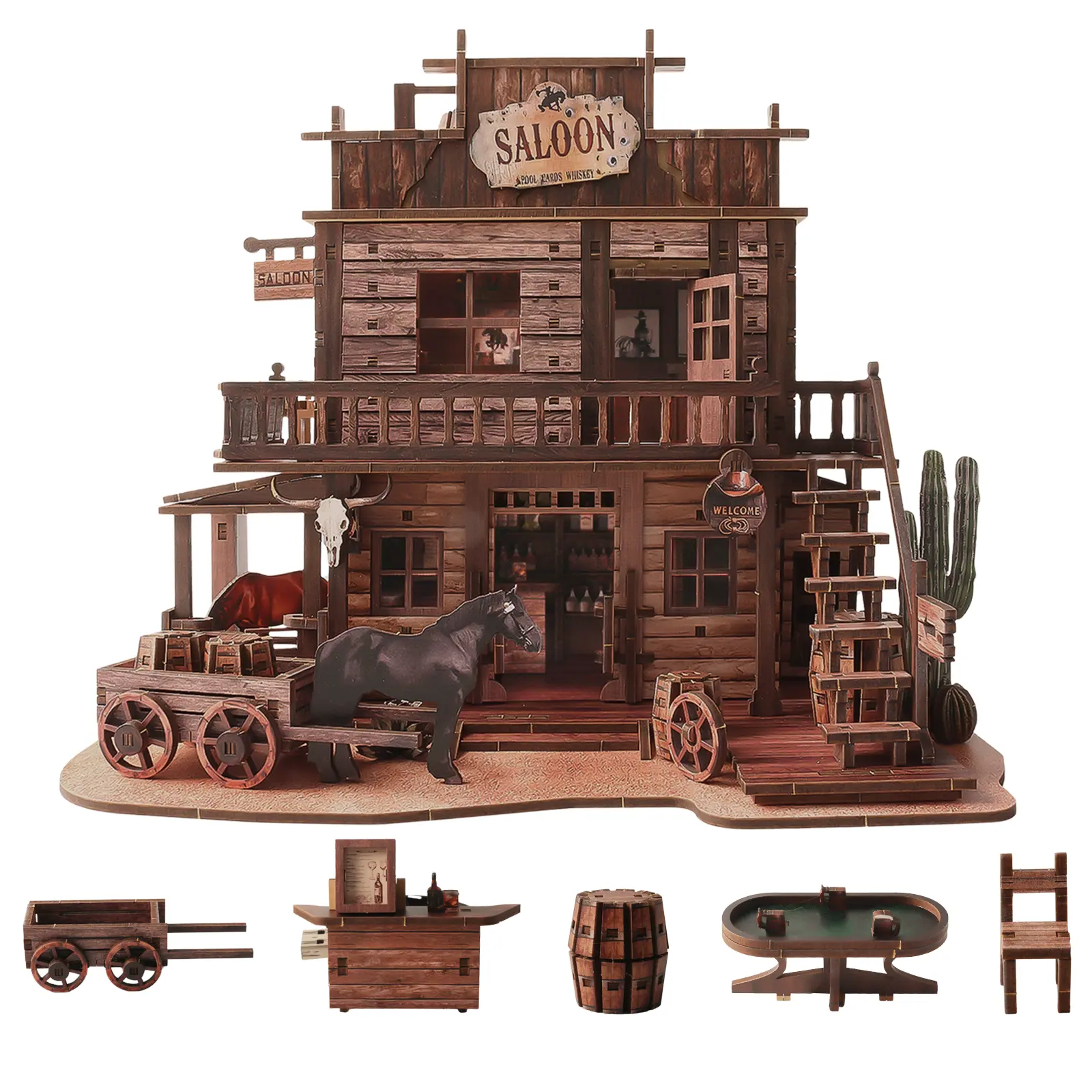 Benlarky Unisex 3D Wooden Puzzle - Western Saloon DIY Dollhouse Kit with Swinging Doors, 450 Wooden Parts, Frontier-Style Woodworking Project for Teens+14+, Miniature Things, Dollhouse Miniatures, Birthdays/Father’s Day Gift