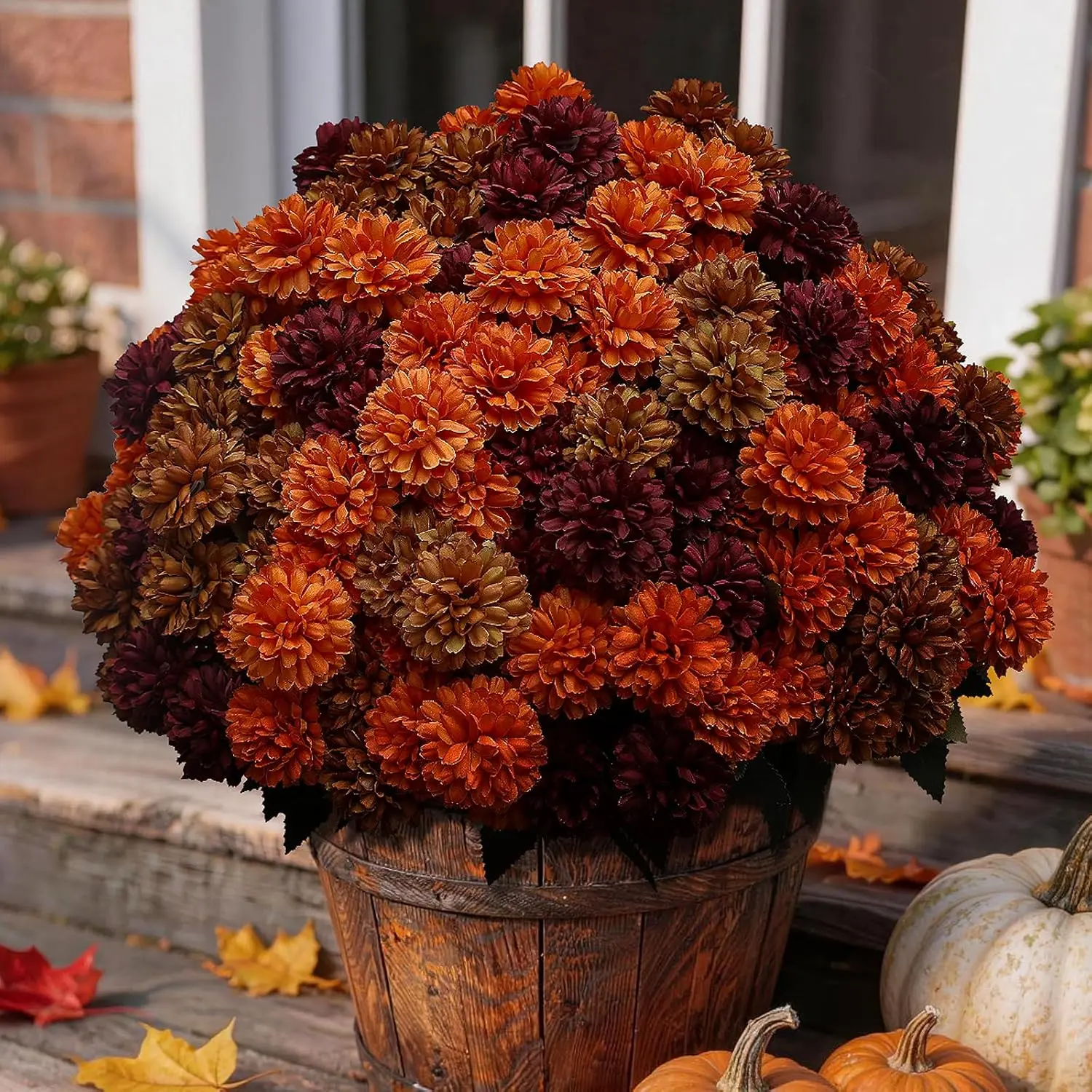 12 Bundles Artificial Fall Mums Outdoor Flowers, UV Resistant Faux Autumn Daisy Plants, Fake Orange Chrysanthemum Bush for Front Porch, Window Box, Patio Planter, Home & Garden (Mix Color)