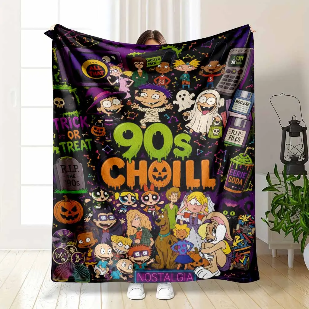90s Chill Flannel Blanket Retro Cartoon Halloween Print Cozy Soft Lightweight Warm Throw for Sofa Bed Couch Bedroom Movie Night Party Decor Nostalgia Gift Camping Travel Lounge Use