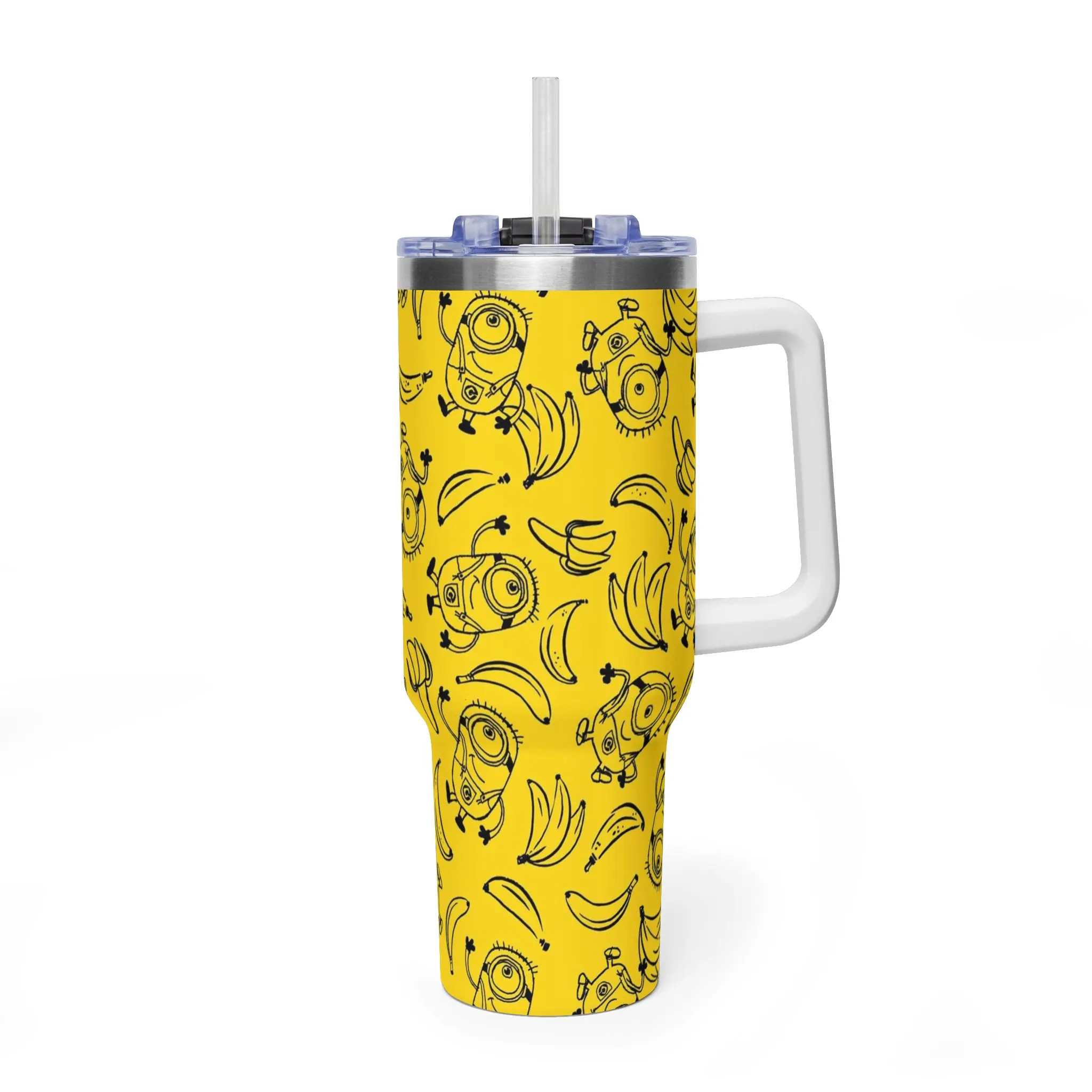 OmMinionsaire Insulated Tumbler, Yellow Stainless Steel Travel Cup with Black & Yellow Character Pattern, White Handle, Clear Straw & Lid, Reusable Water Bottle for Home, Office & Travel