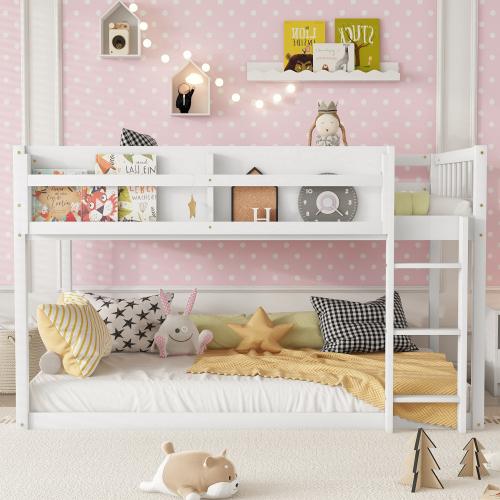 Twin Over Twin Low Bunk Bed, Floor Bunk Bed with Ladder, Solid Wood Twin Bunk Bed