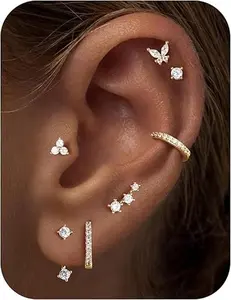 7 Pairs 14K Gold Plated Flat Back Earrings Dainty Huggie Hoop Cartilage Helix Earring Jacket, Fashion Accessories Western Jewelry Gifts