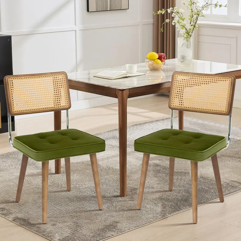 Natural Rattan Dining Chairs Set of 2, Velvet Upholstered Kitchen Chairs with Tall Cane Backrest and Strong Wood Legs for Dining Room, Kitchen, Green