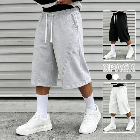 Versatile seamed patchwork capri sweatpants suitable for multiple occasions; loose solid‑color cropped wide‑leg pants in American style with excellent fabric drape; men’s athletic capri pants ideal for loungewear