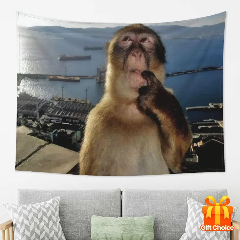 A durable decorative tapestry wall hanging featuring a thinking monkey made of polyester, perfect for bedroom decoration, graduation ceremonies, birthday dormitories, party gifts, and home decor
