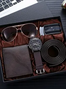 Creative Gift Set Watch + Belt + Glasses + Wallet Seven-Piece Business Set, Simple Style, Artificial Leather, All Seasons, Men Accessories