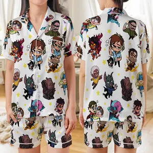 Dispatch Game Characters Satin Pajama Set, Vintage Anime Fan Sleepwear, Unique Characters Print Loungewear