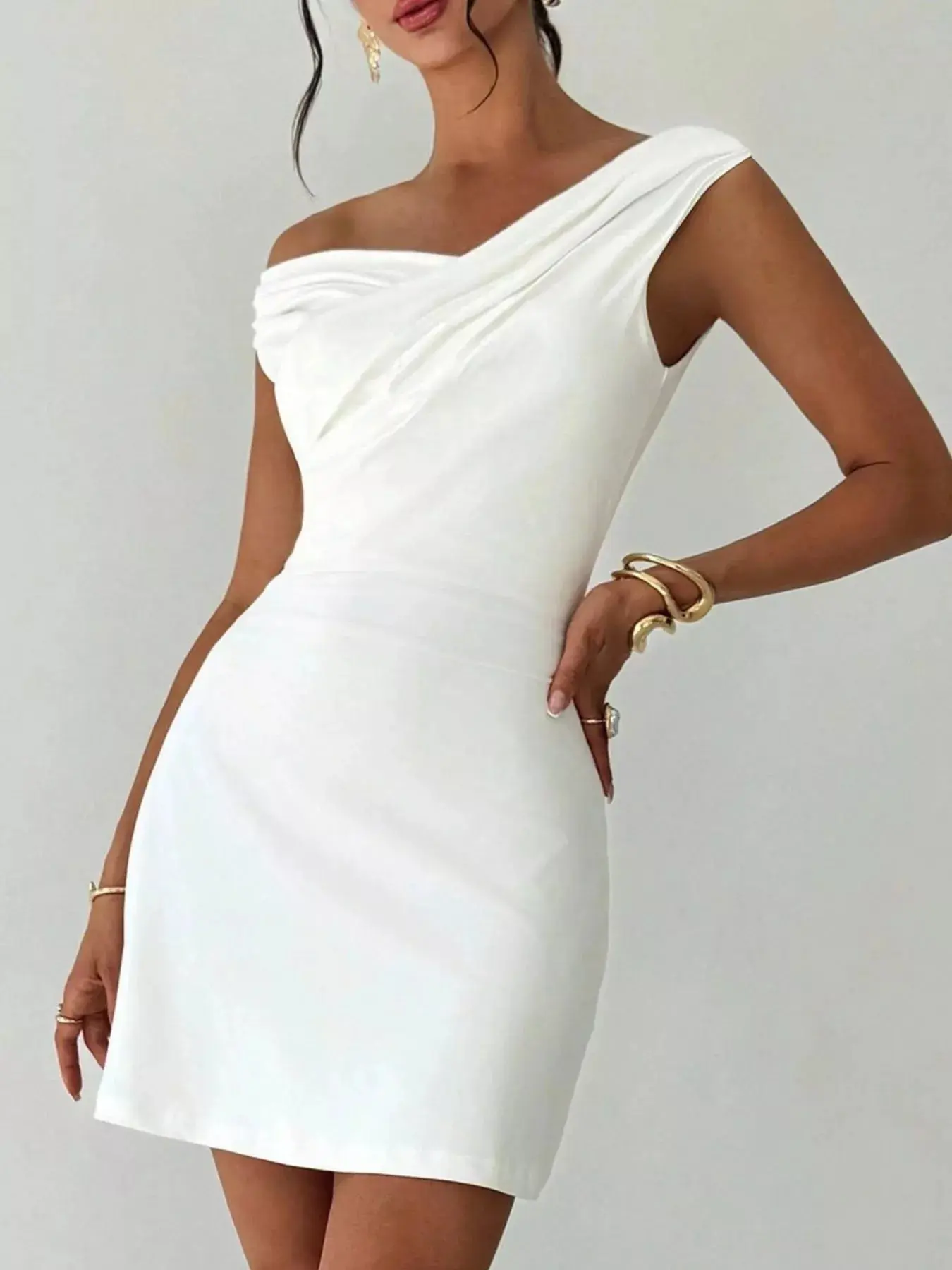 white satin mini dress Lyna White Satin Ruffled Mini Dress with Shawl Panel Detail