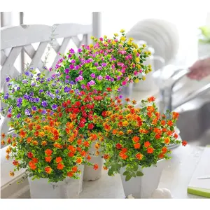 10 Bundles Artificial Fake Flowers, Faux Outdoor Plastic Plants UV Resistant Shrubs Outside Indoor Decorations (Orange-Eucalyptus)