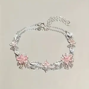 Adjustable Pink Sakura Bracelet – Elegant Bohemian Petal Design with Shiny Cubic Zirconia, Delicate Chain Link Jewelry for Women, Perfect for Daily Wear & Gifting, Exquisite Craftsmanship