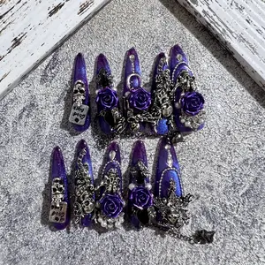 Amethyst Glass Gothic Flower Luxury Press On Nails