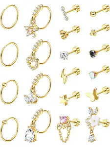 20Pcs Surgical Steel Cartilage Earrings Stud Hoops for Women, 20G Hypoallergenic Flat Back Stud Earrings,Dangle CZ Star Heart Flower Butterfly Screw Back Earrings for Sensitive Ears