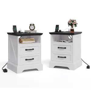 Farmhouse Rustic Nightstands with Charging Station, Modern Wood Bedside Tables with 2 Drawers, USB Ports & Outlets, White Accent for Living Room 2pcs