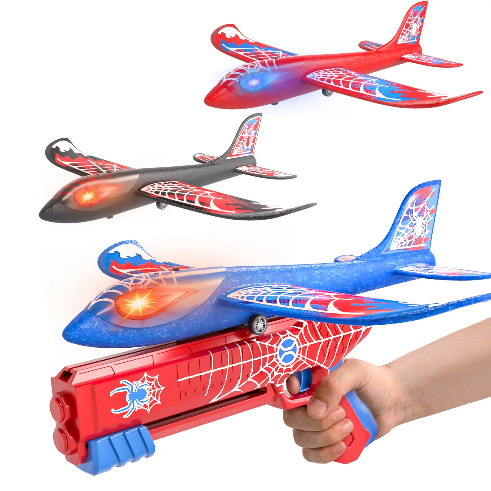 Foam Glider Airplane Launcher Toy Set - 3-Pack Spider LED Lightweight Glow-in-Dark Foam Gliders, with Decals, for Kids’ Outdoor Play, Birthday Gift