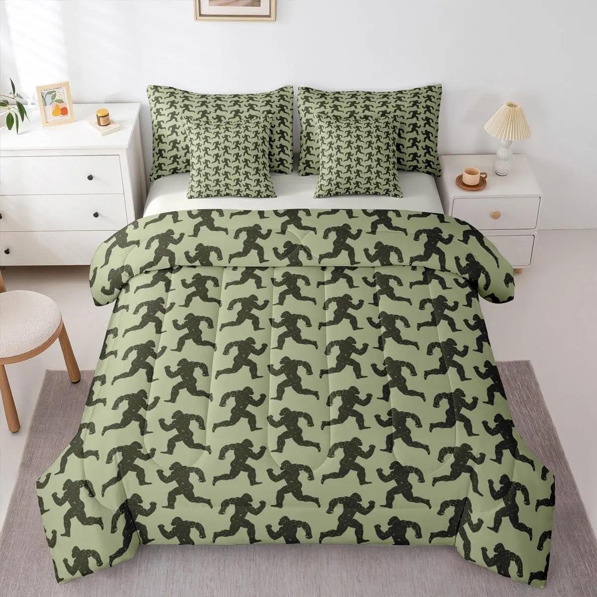 7-Piece Sasquatch Footprint Bedding Set - Machine Washable, Multi-Size Wild Theme Animals Bedding, Hunter Green Black Vintage Comforter Set with Sheets for Teens, Wild Home Decor