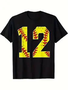 - - 0Xl-5Xl#12 Softball Jersey T-Shirt Heavy-Duty, Pure Breathable, Lightweight, Oversized Tee Featuring Number 12 Jersey Design, Blackyellowred Stitch, Crew Neck, Casual Wear, Team Uniforms, Machine Washable