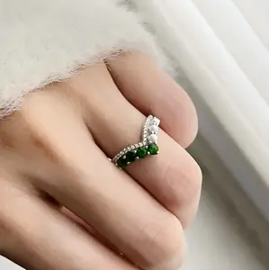 Emerald Jewelry Ring | Emerald Green Ring Pearl Wedding Band Pearl Stackable Ring | Curved Ring | 14K White Gold Plated Silver