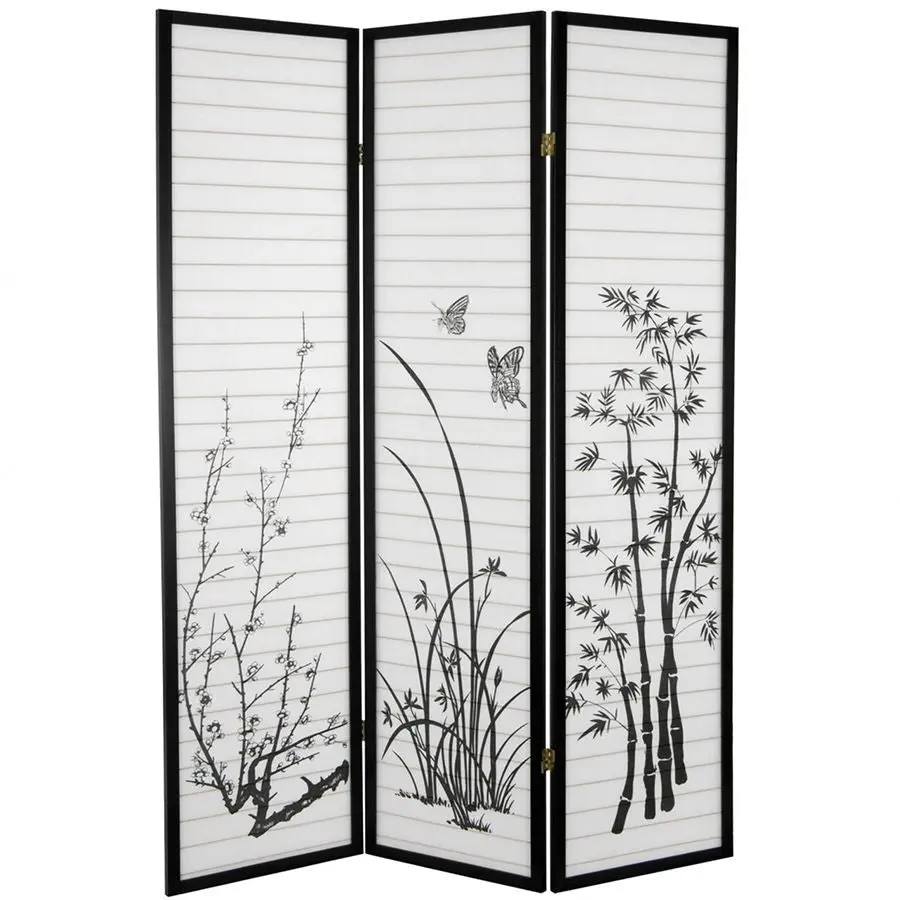 Room Divider 3 Panel Bamboo Floral Print Black Frame