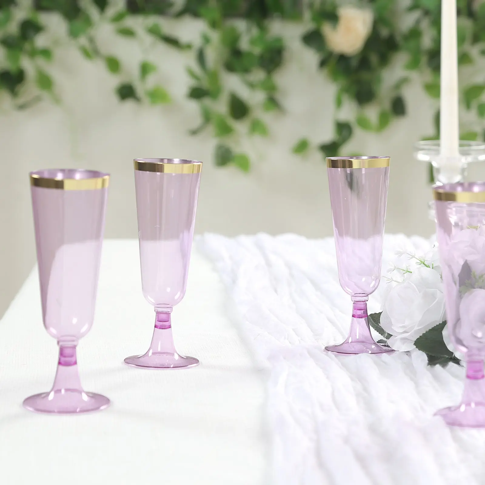 12-Pack Disposable Plastic Champagne Flutes - Transparent Purple with Gold Rim, 5oz 6in Cylindrical Drinkware, Champagne Glasses Plastic for Birthday, Party Kitchenware